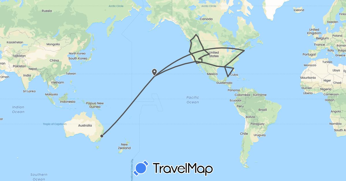 TravelMap itinerary: driving, motorbike in Australia, Canada, Mexico, United States (North America, Oceania)